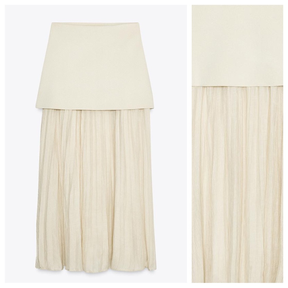 NWT. Zara Mid-Ecru Pleated Semi-Sheer Midi Skirt. Size L. - Picture 3 of 9